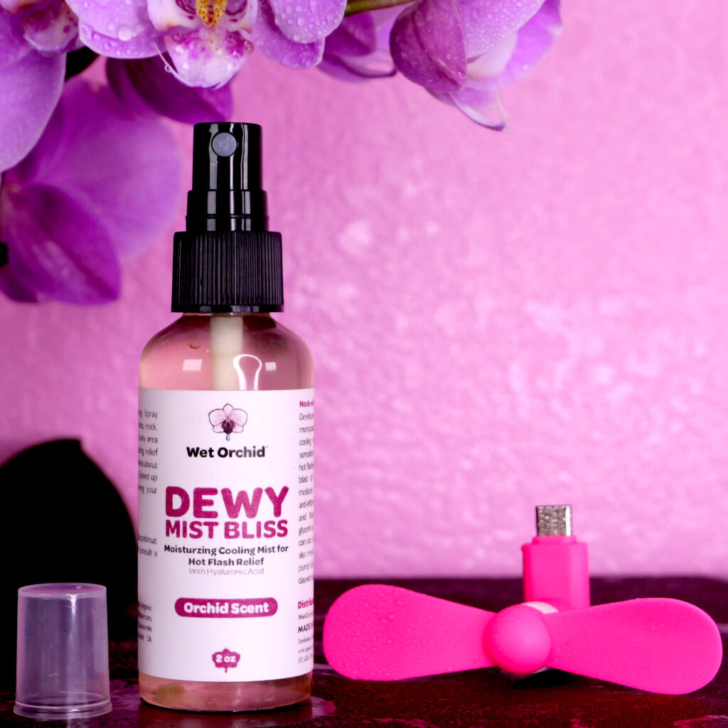 Dewy Mist Bliss Moisturizing Cooling Spray for Hot Flash Relief with Hyaluronic Acid 2 oz. and Mini USB Fan